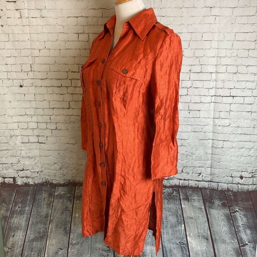 Tesori Linen Tunic Button Up Top Orange Shimmer S Old Money Resortwear Lagenlook - Picture 7 of 12